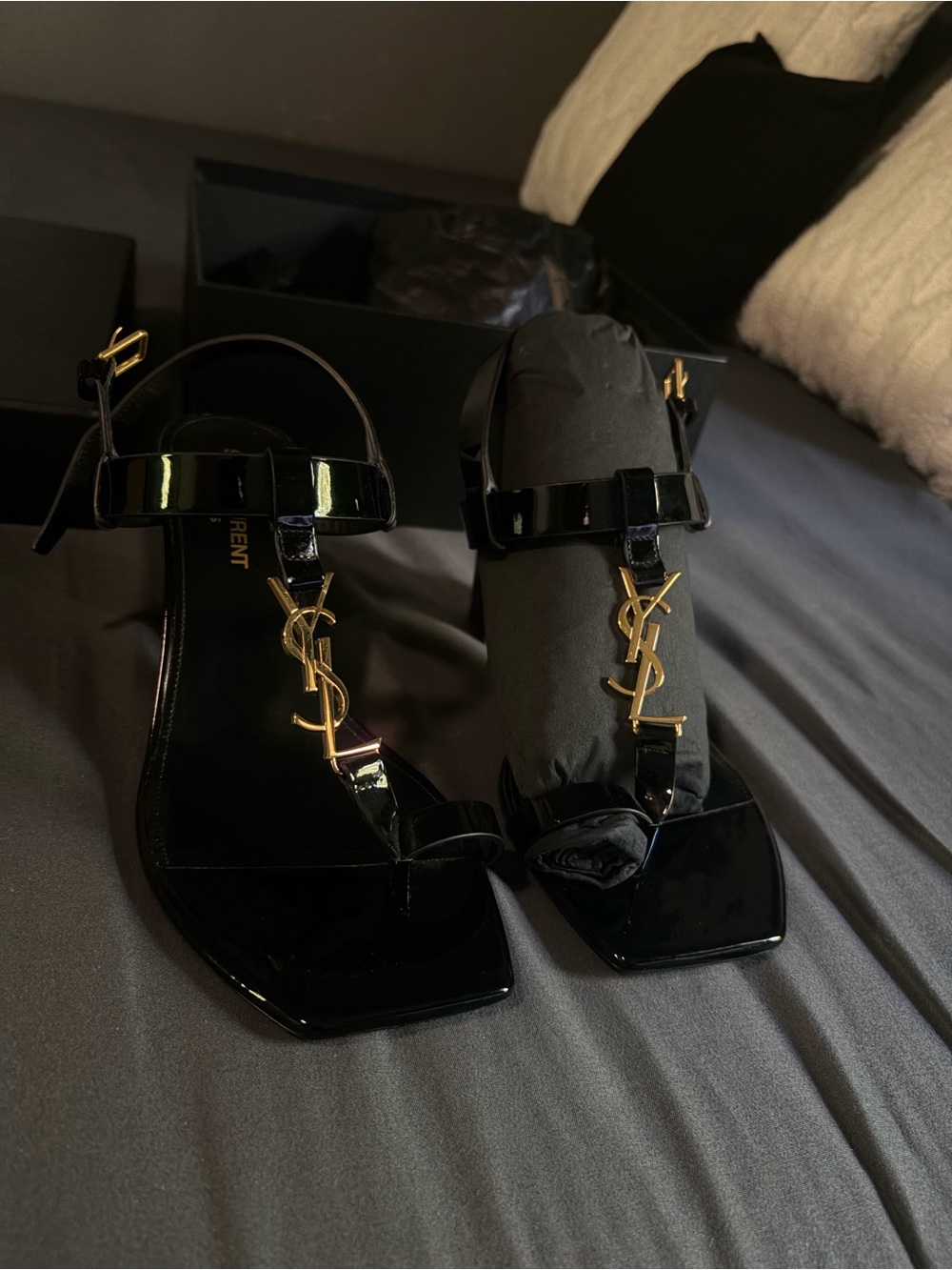 Saint Laurent Black Patent Logo T-Strap Flat Sandals with Gold YSL Hardware